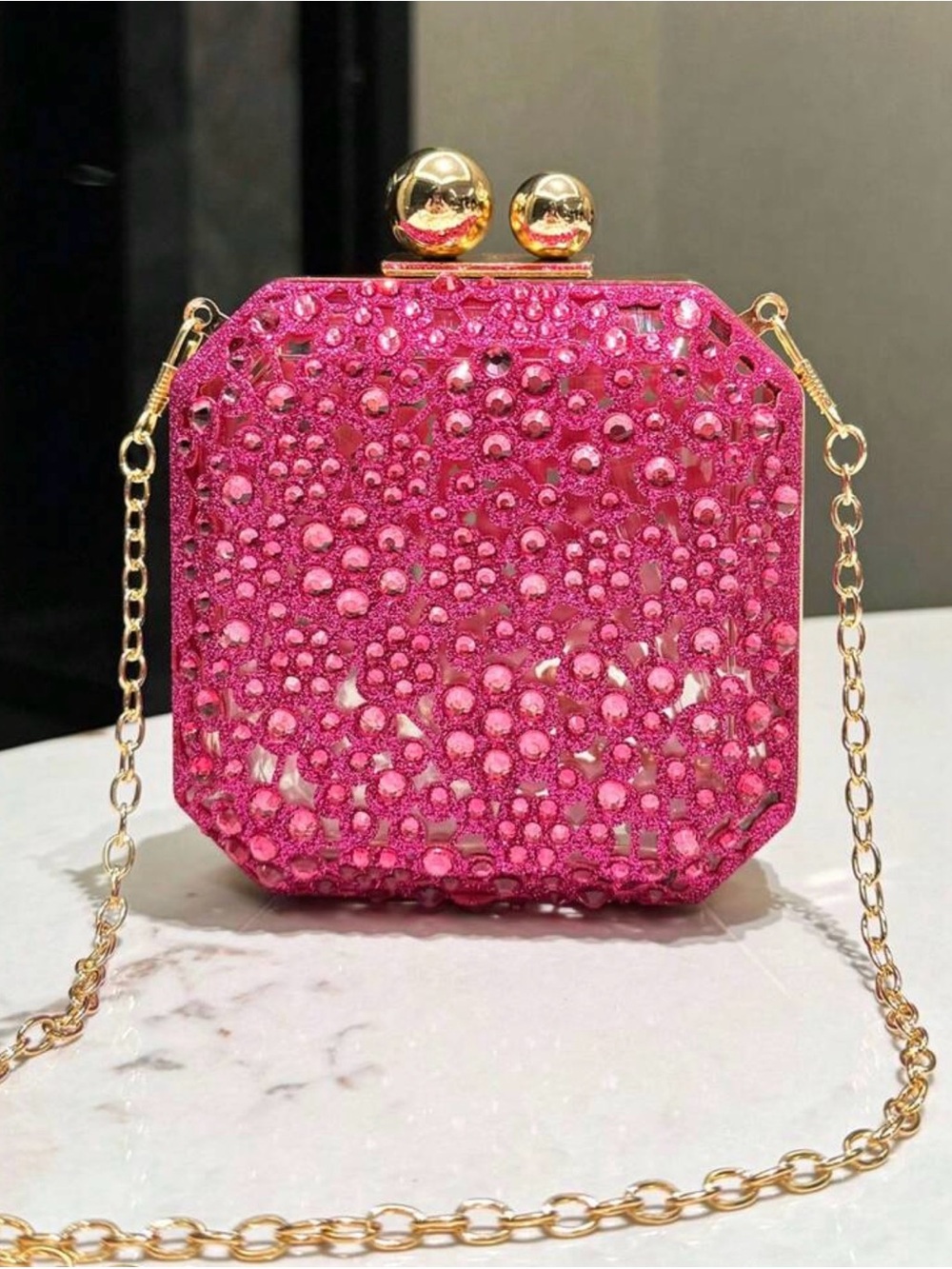 Brandy Melville Hot Pink Rhinestone Minaudière with Gold Chain